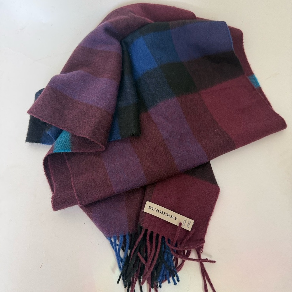 Burberry Cashmere Plaid Fringe Scarf